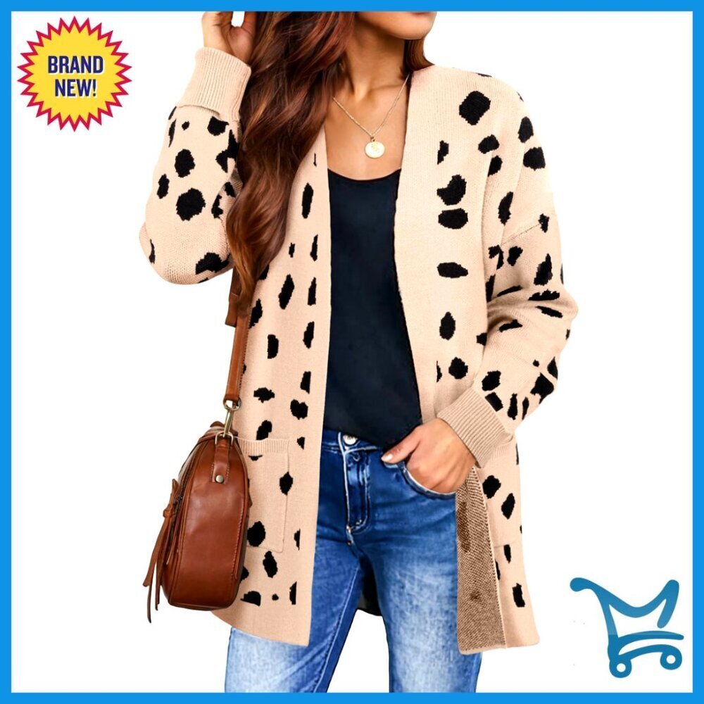 Oversized Leopard Print Cardigan Knitted Sweater Long Sleeve Open Front Chic